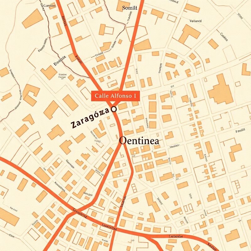 Illustrated map of central Zaragoza marking Calle Alfonso I