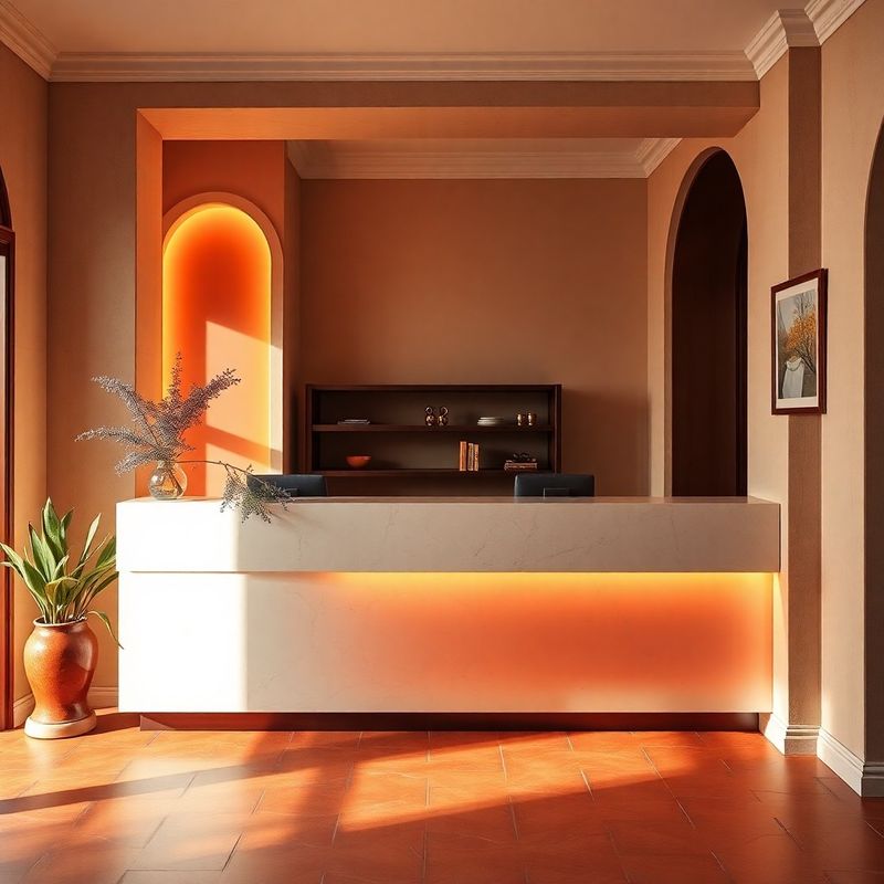 The limestone front desk at Lumenrvivid with warm coral accent lighting and a sprig of lavender