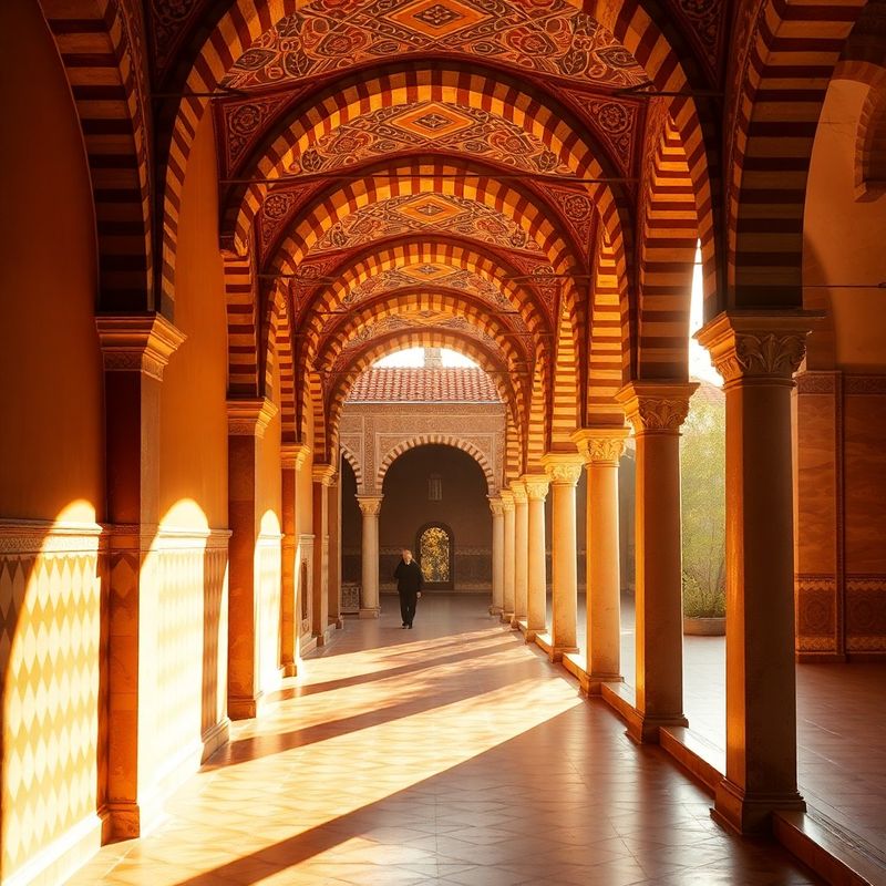 The Mudéjar arcade of the Aljafería palace in Zaragoza in warm morning light