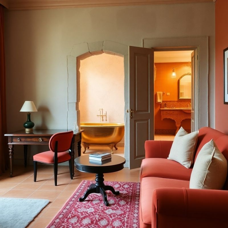 A Lumenrvivid suite sitting area with velvet coral sofa, Aragonese writing desk, and exposed limestone wall