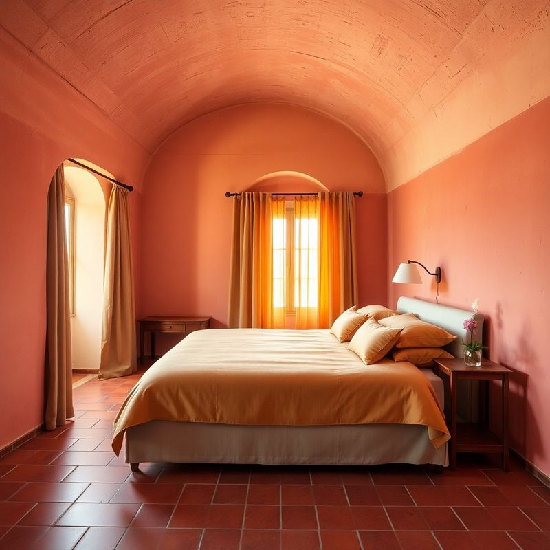 A Classic room at Lumenrvivid with coral-hued walls, terracotta floor, and preserved vaulted ceiling
