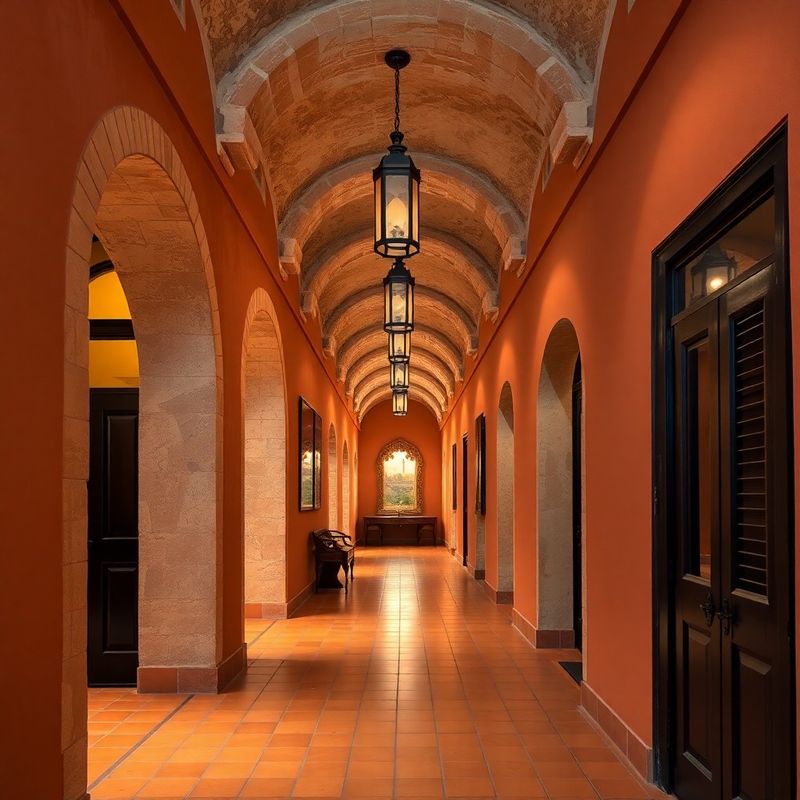 A limestone-arched hotel corridor at Lumenrvivid, lit by coral pendants over terracotta tiles